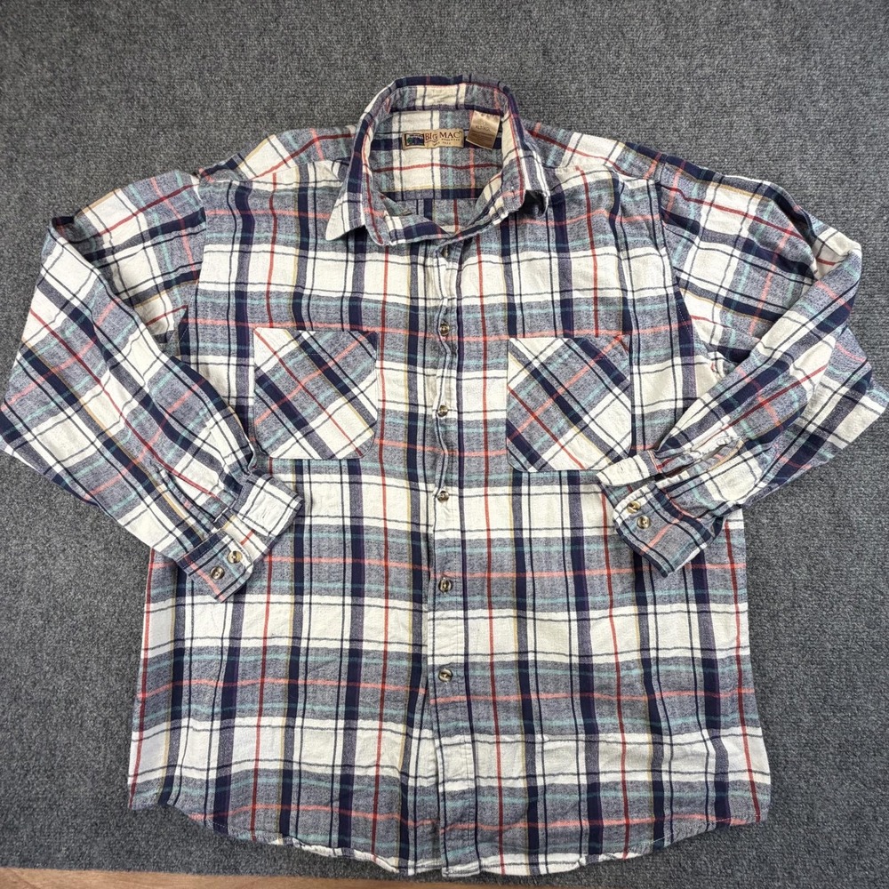 Big Mac Mens Flannel Shirt XLT Tall White Navy Blue Orange Plaid Workwear 1223